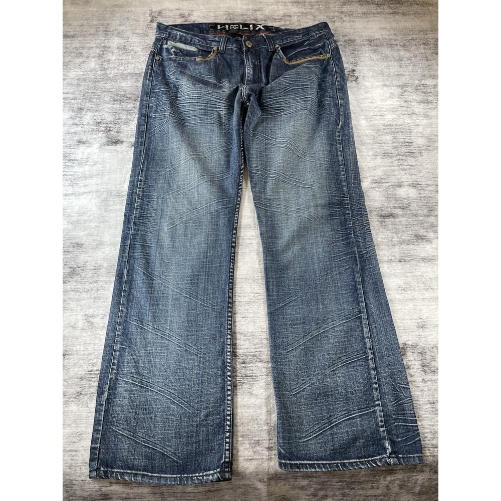 Helix Black Label Y2K Bootcut Jeans Mens 38x32 Dark Wash Relaxed Denim Grey